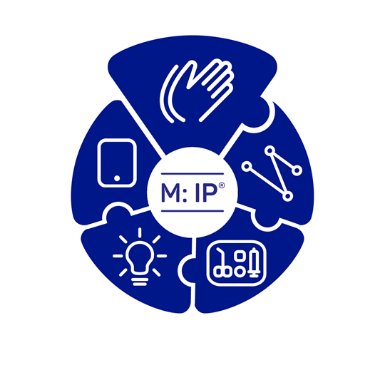 MIP Module im dunkelblauen Kreis als Puzzleteile dargestellt. Handmodul hervorgehoben