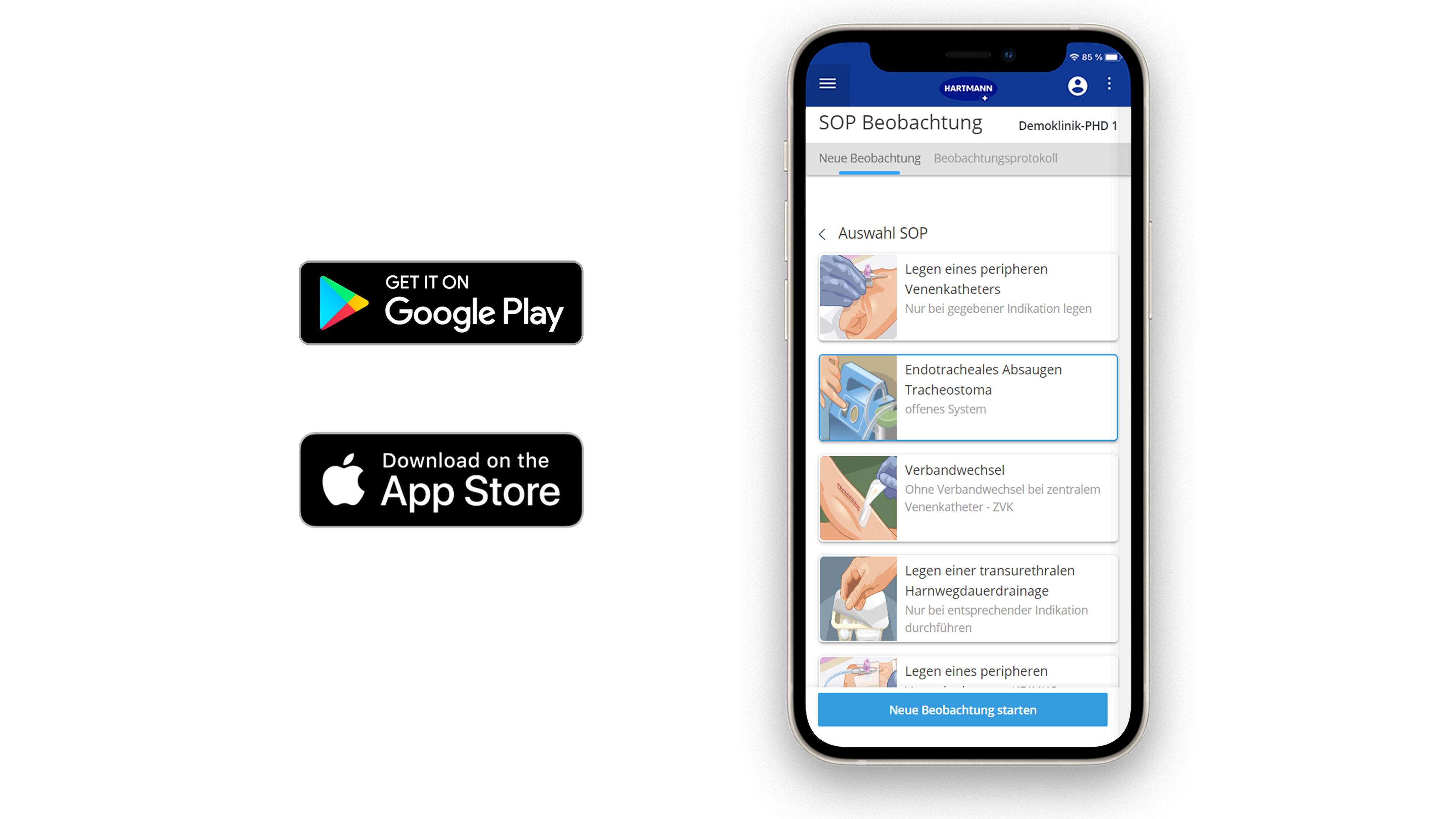 A smartphone displaying a medical procedure app with SOP options. Download options from Google Play and the Apple App Store are shown. Modern and user-friendly.