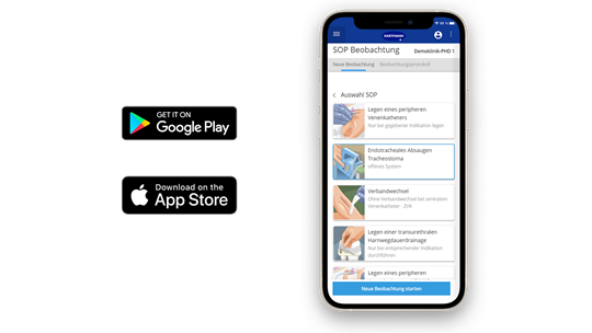 A smartphone displaying a medical procedure app with SOP options. Download options from Google Play and the Apple App Store are shown. Modern and user-friendly.
