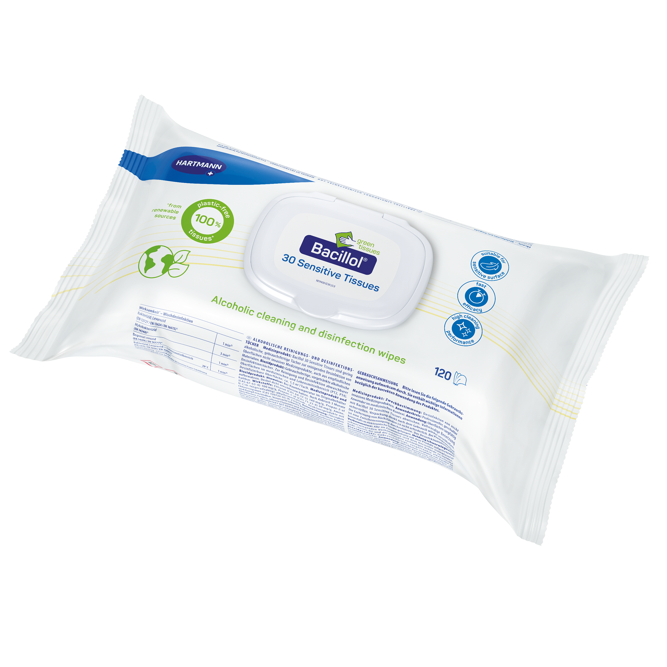 A package of Bacillol 30 Sensitive Tissues for cleaning and disinfection, featuring eco-friendly credentials and suitable for sensitive surfaces.