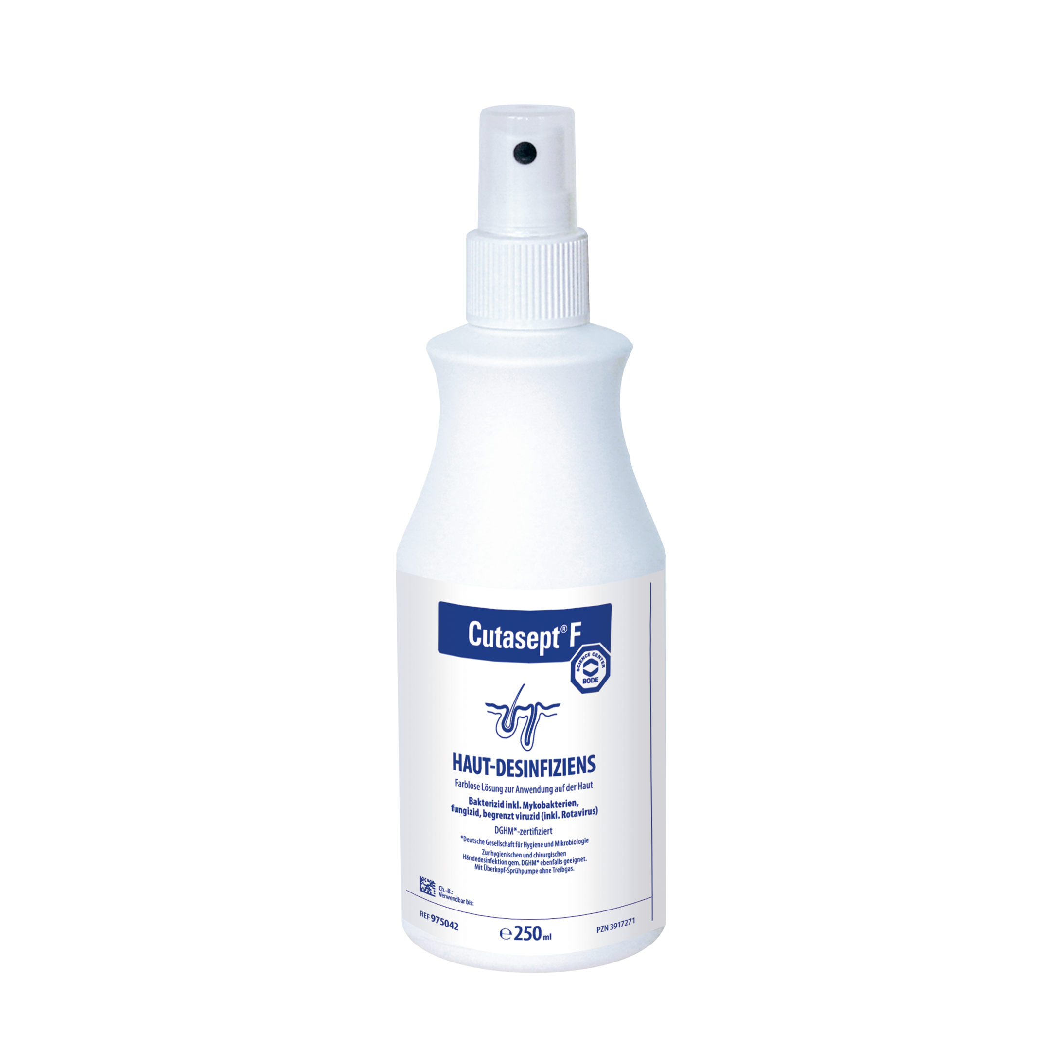  Cutasept F skin disinfectant spray bottle in 250ml, featuring a sleek white design with a practical spray nozzle, ideal for effective hygiene.