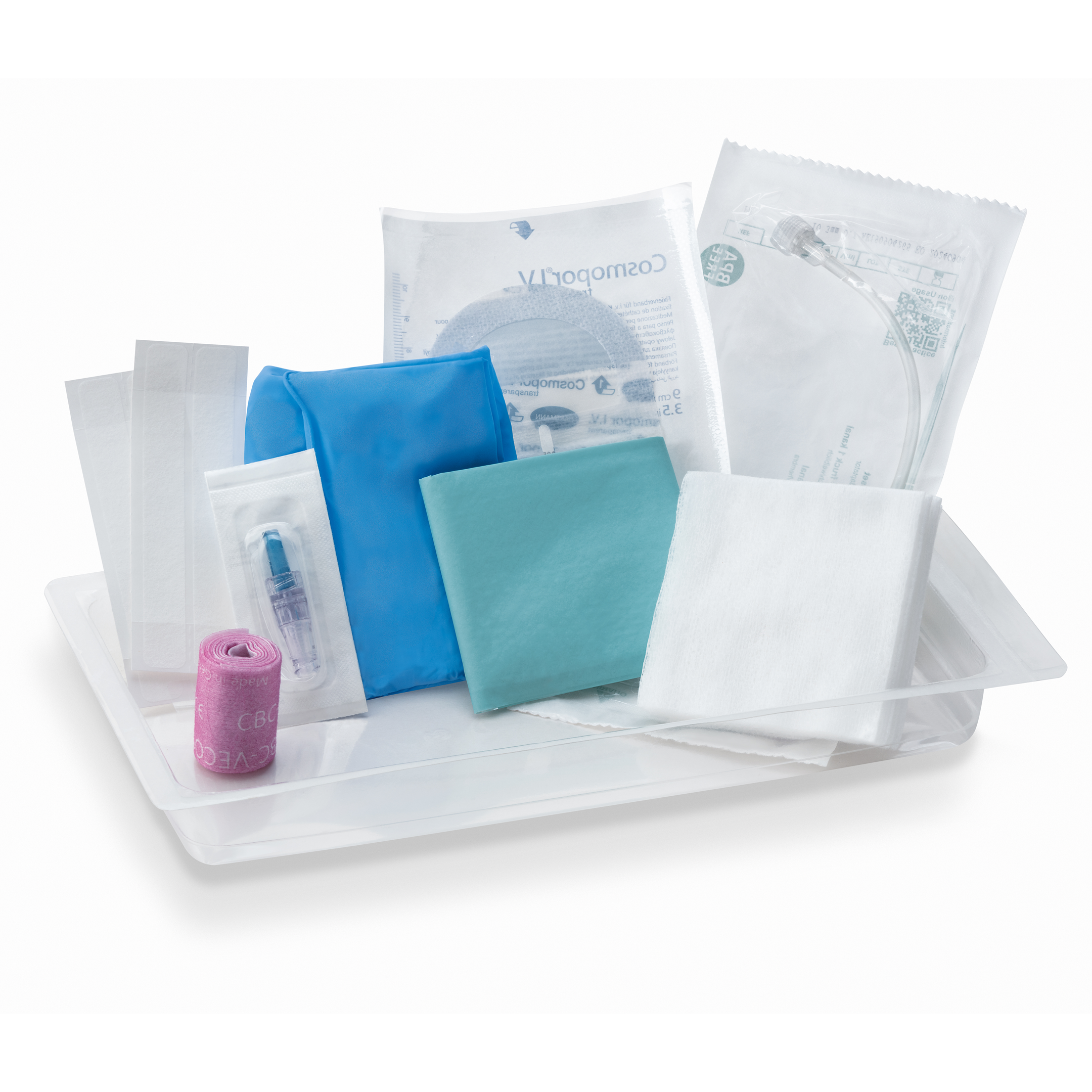  A medical dressing kit including bandages, sterile gauze, a syringe, and a pink cohesive bandage, arranged elegantly on a white tray for efficient wound care.