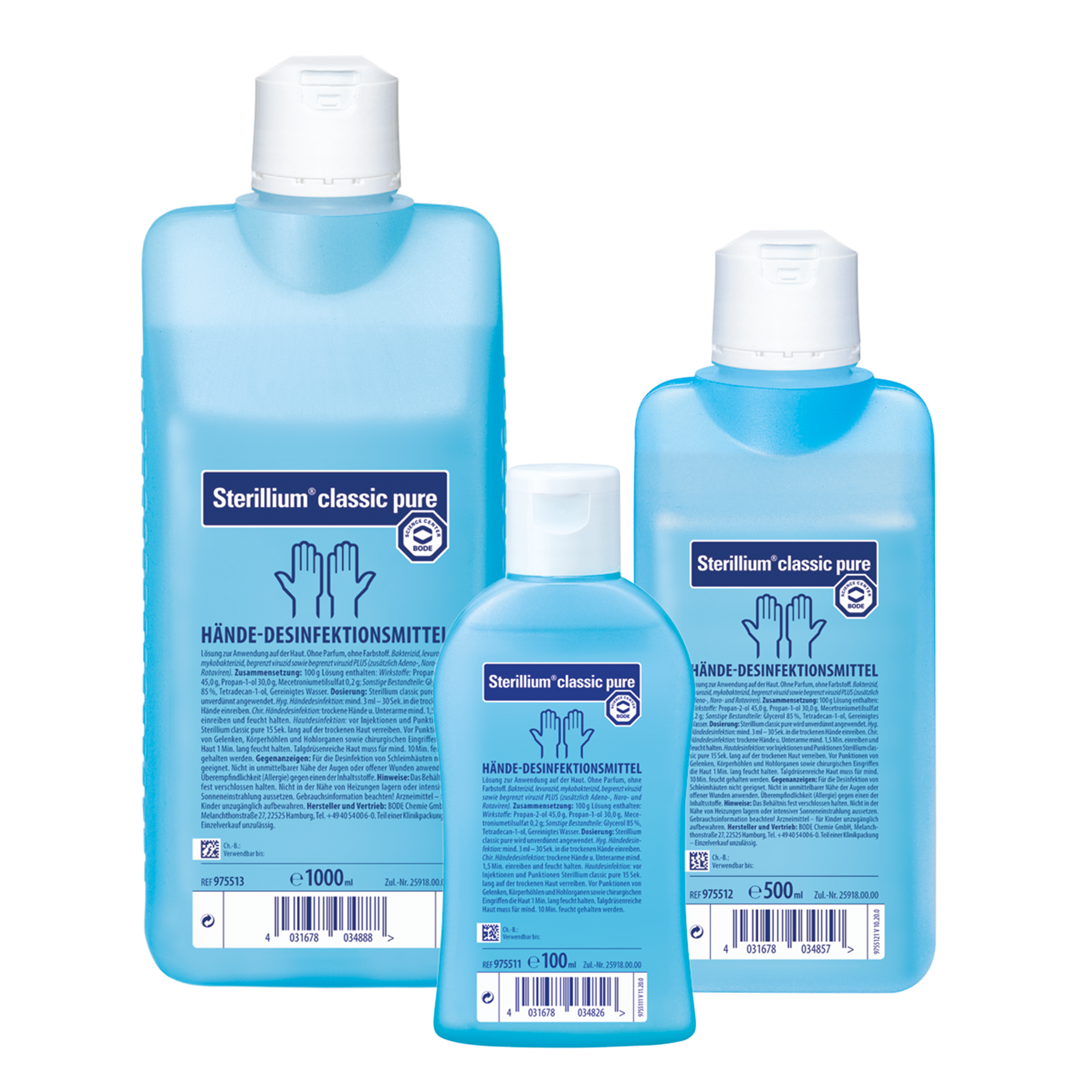  Sterillium Classic Pure hand sanitizer in three blue bottles of varying sizes, featuring a label with the brand name and product information.