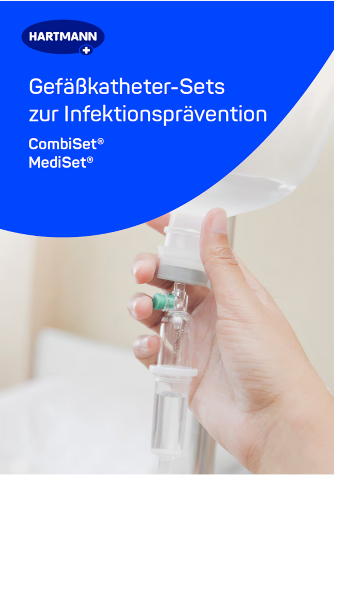 A hand adjusting a catheter set with fluid bag, promoting Hartmann's infection prevention sets, featuring CombiSet® and MediSet®.