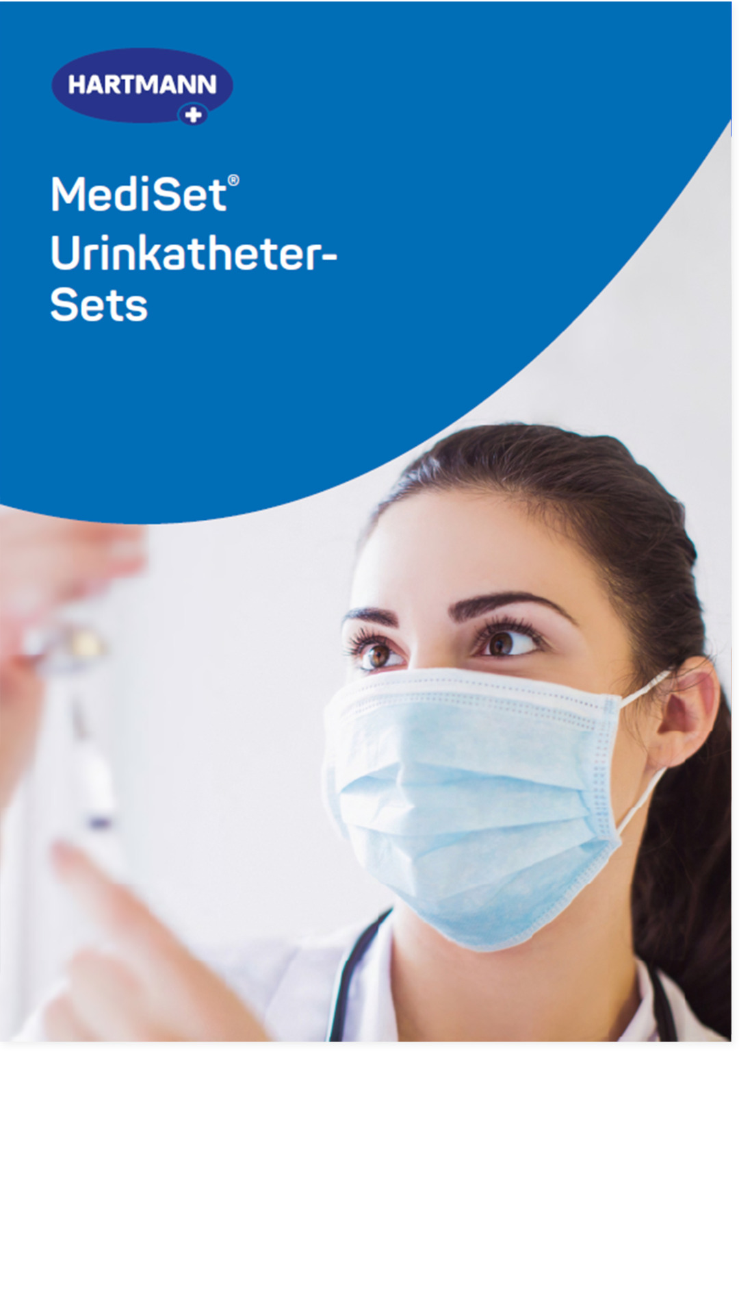 Healthcare professional wearing a surgical mask examines a medical instrument, highlighting the quality of Hartmann MediSet Urine Catheter Sets.