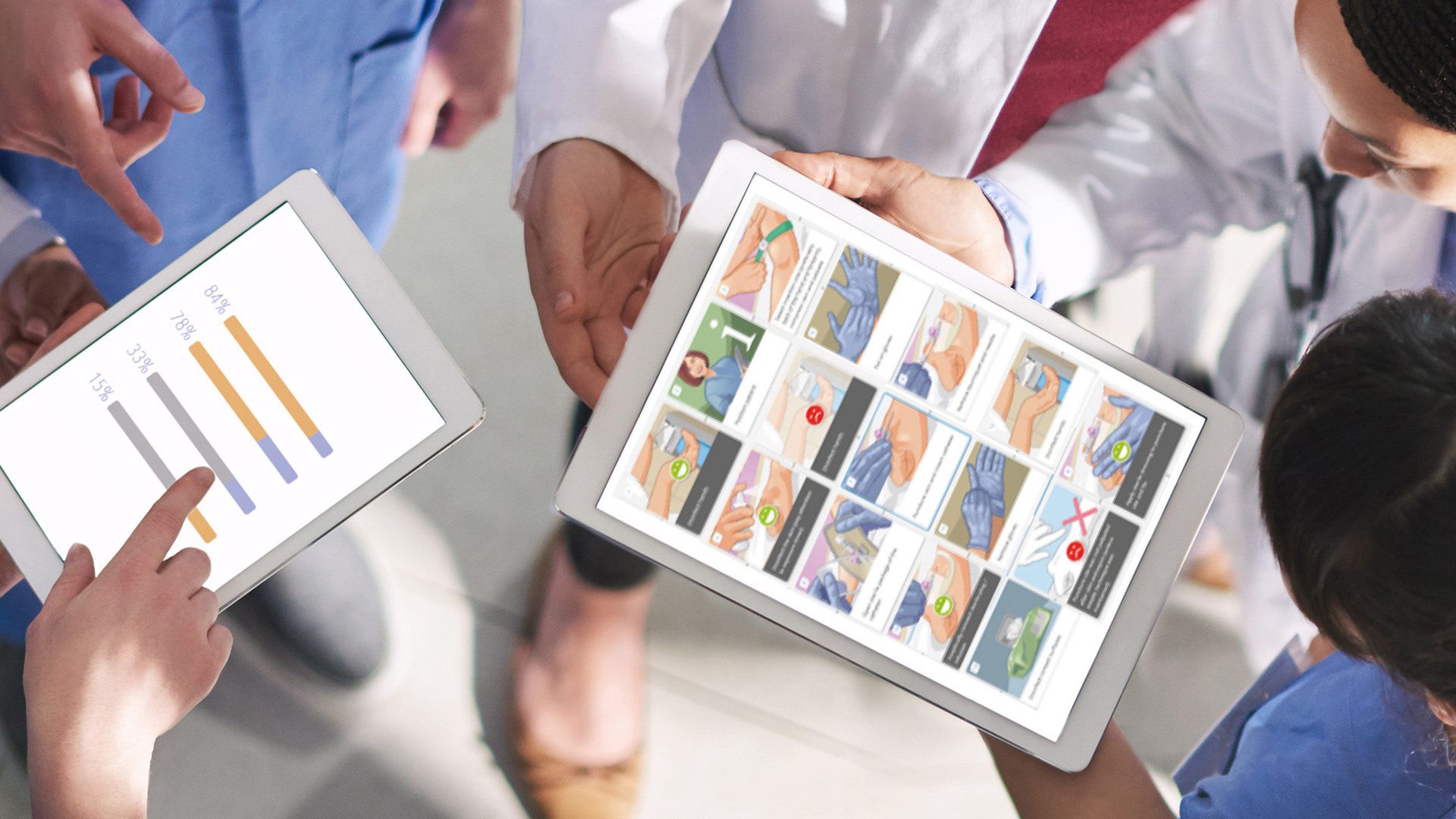  Healthcare professionals analyzing medical data on tablets, displaying comparative charts and procedural images to enhance patient care strategies.