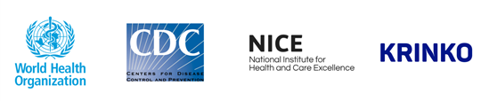Logos of the World Health Organization, CDC, NICE and KRINKO