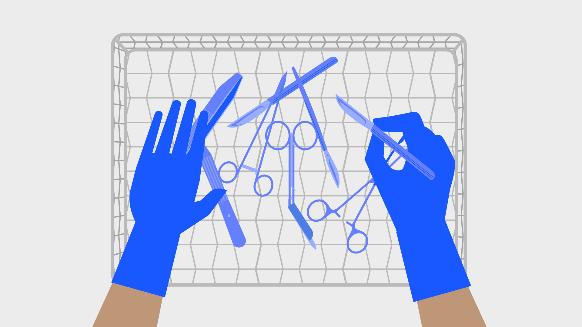 Illustration of two hands in blue gloves using surgical tools.