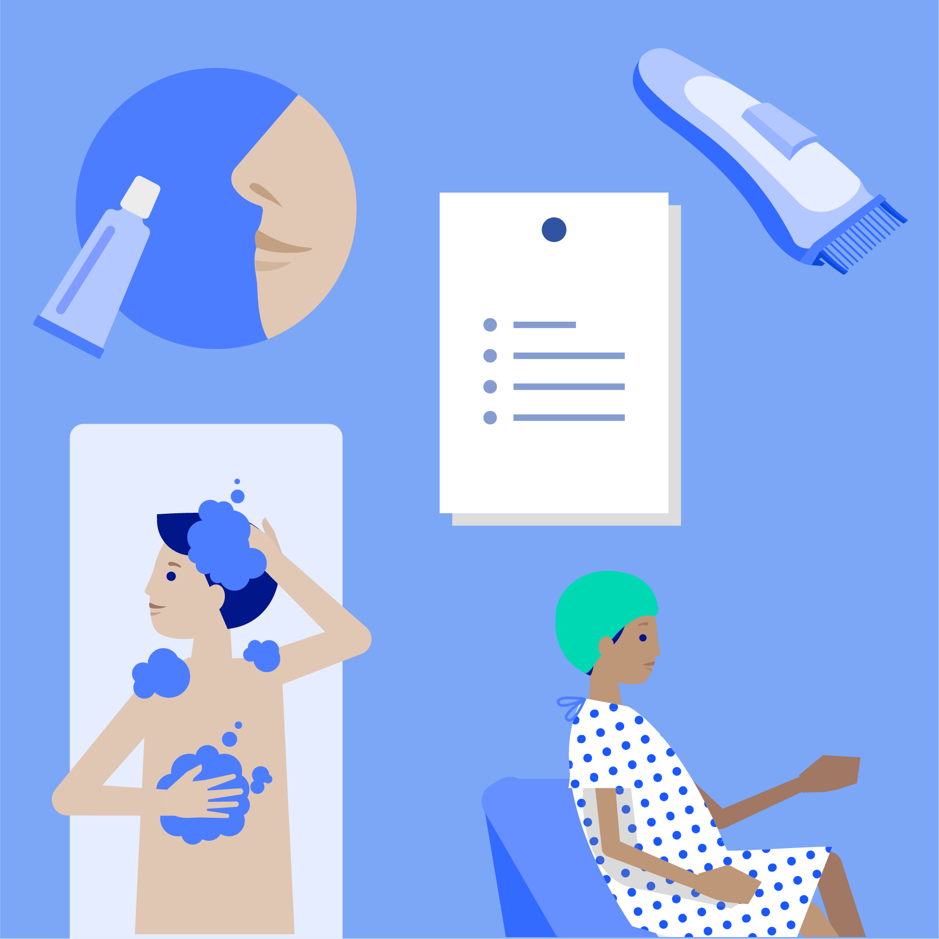 Illustration of different surgery antisepsis steps for a patient.