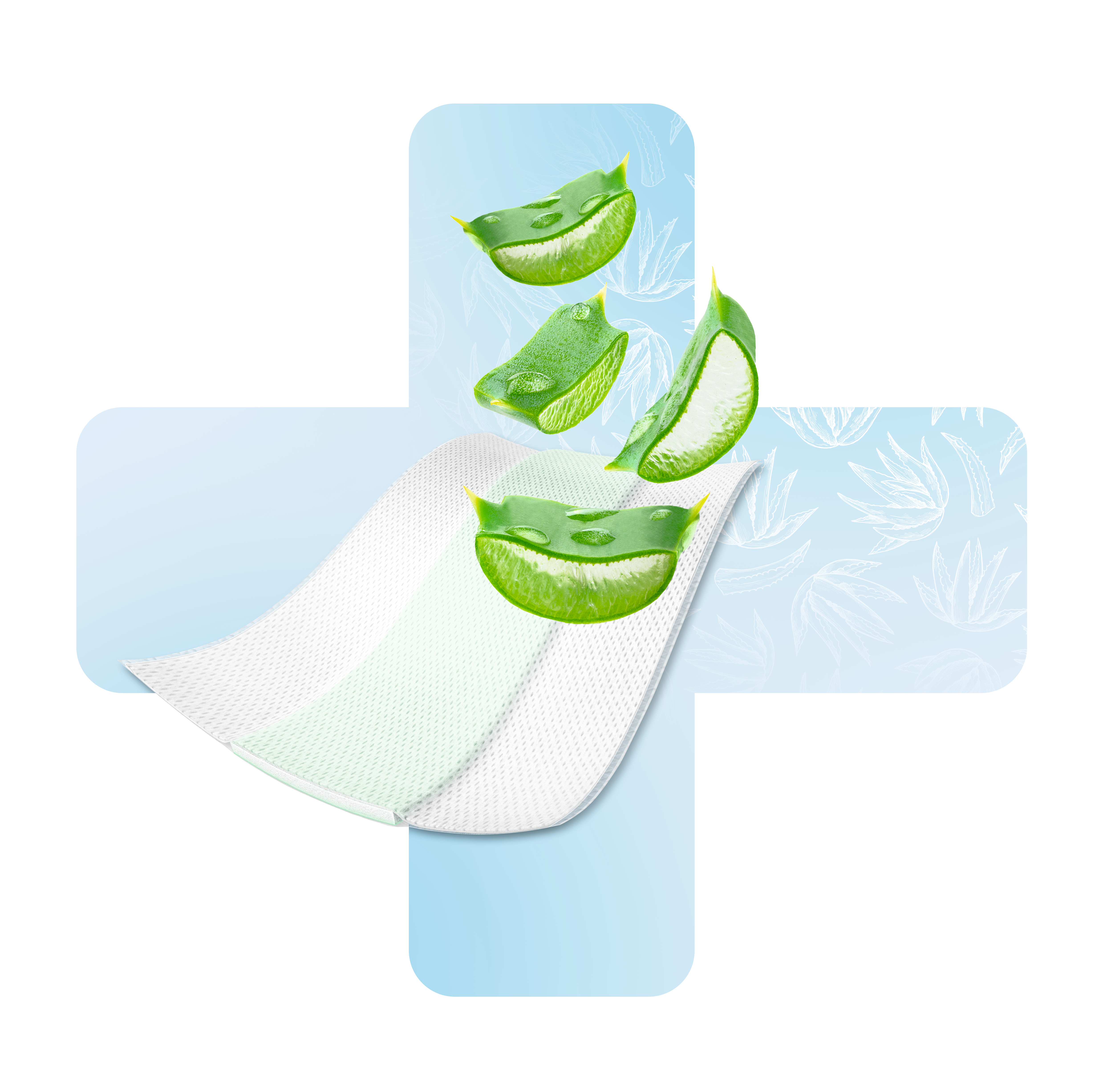  Illustration of a medical dressing infused with Aloe Vera slices, highlighting its healing and soothing properties with a blue cross design.
