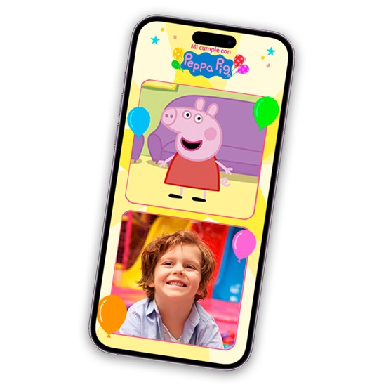Smartphone displaying Peppa Pig and a smiling child surrounded by colorful balloons, designed for a birthday celebration interface.