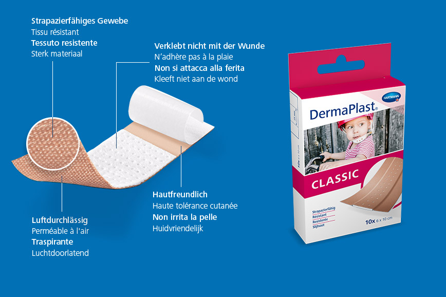 Hartmann DermaPlast® Classic plaster description of material wound patch plus packshot with child riding bike and wearing pink helmet.