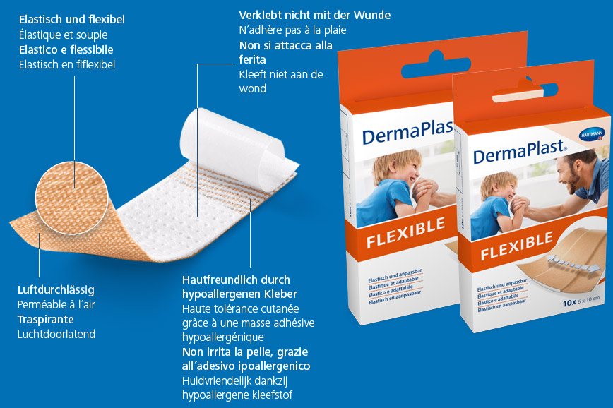 Hartmann DermaPlast® Flexible plaster description of material wound patch plus two packshots with father and son happy together playing.