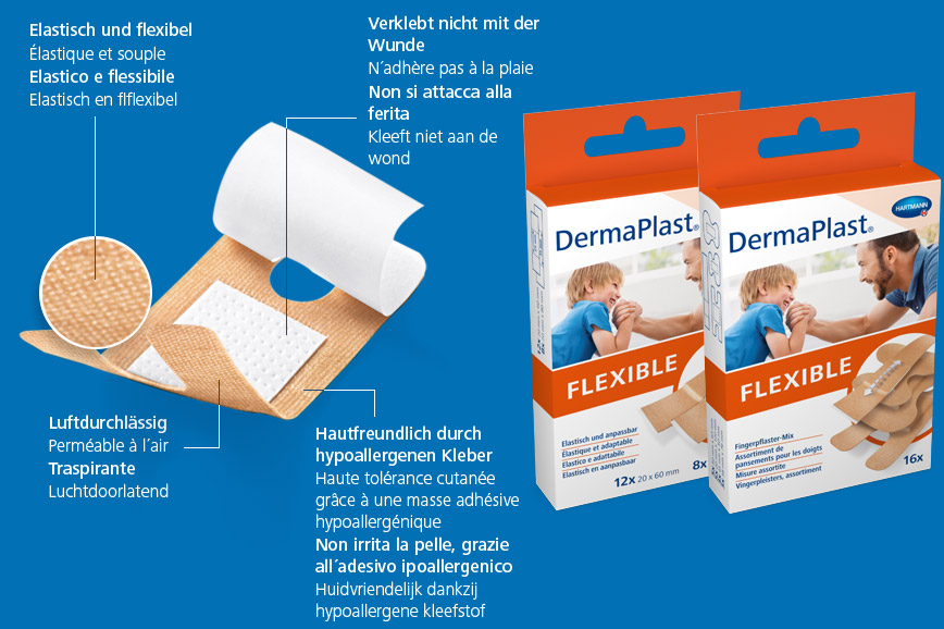 Hartmann DermaPlast® Flexible plaster description of material wound patch plus two packshots with father and son happy together playing.