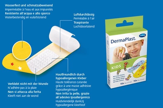 Hartmann DermaPlast® Kids plaster description of material wound patch plus packshot with boy smiling wearing colorful plaster on finger.