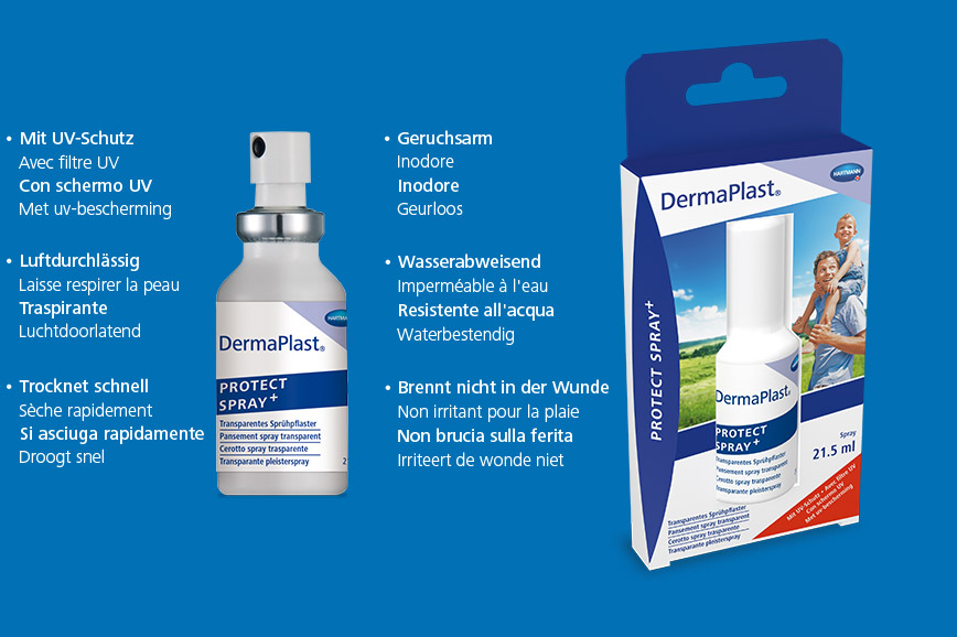 Hartmann DermaPlast® Protect Spray + description of transparent spray plaster and packshot with father holding son on shoulders happy outdoors summer green fields blue sky.