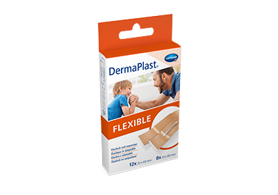 Confezione cerotti DermaPlast® Flexible  con padre e figlio che giocano a braccio di ferro 