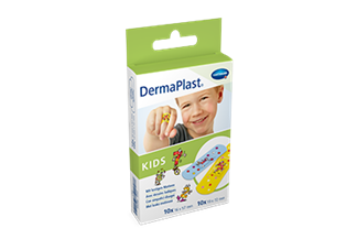 Hartmann DermaPlast® Kids plaster packshot boy smiling wearing colorful plaster on finger.