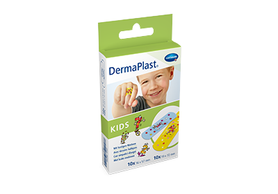Hartmann DermaPlast® Kids plaster packshot boy smiling wearing colorful plaster on finger.