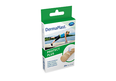 Hartmann DermaPlast® Protect Plus plaster packshot with woman wearing sport clotehs exercising on dock by lake with soccer ball.