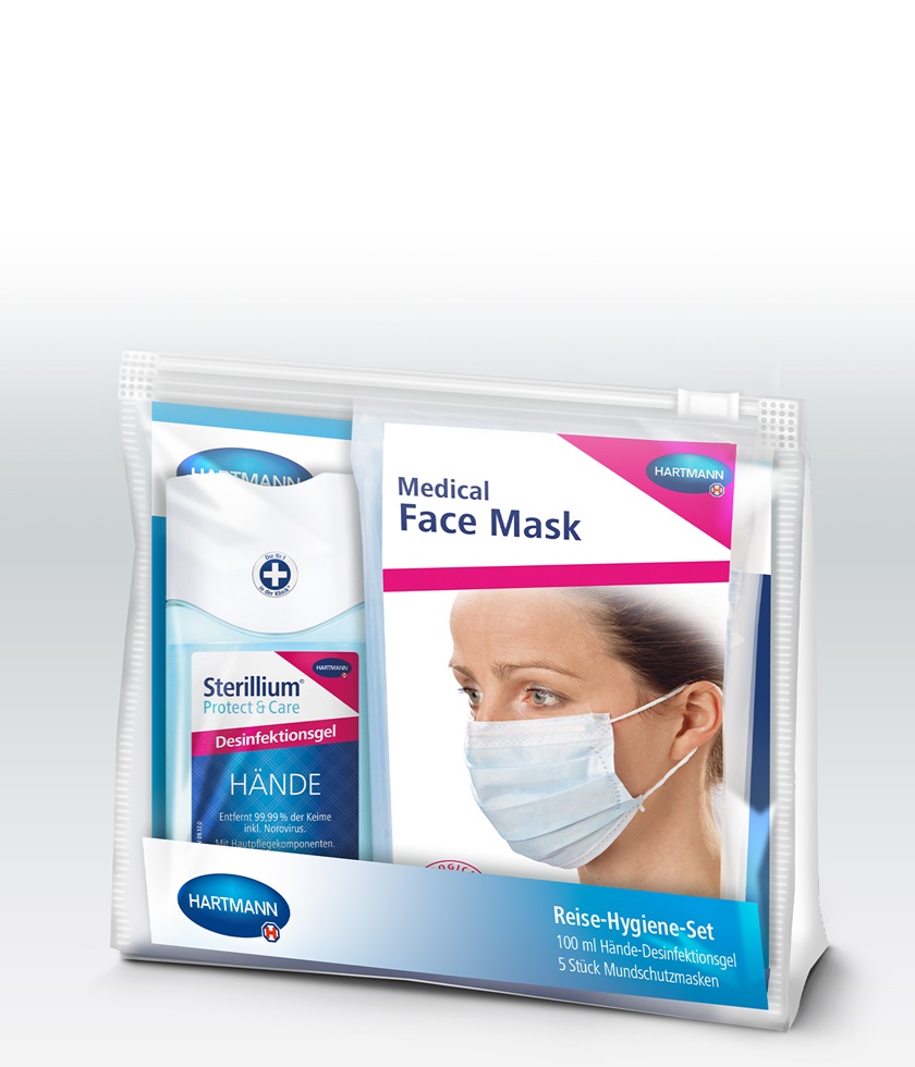 Packshot Reiseset Desinfektionsmittel Masken