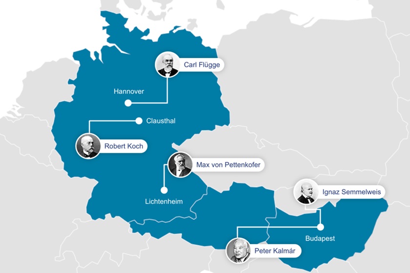 Mapa s působišti průkopníků prevence infekcí a boje proti infekci ( Carl Flügge, Robert Koch, Max von Pettenkofer, Ignaz Semmelweis, Peter Kalmár )