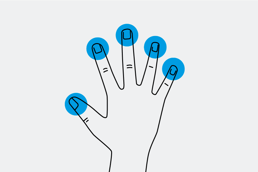 Hand with fingertips marked in blue