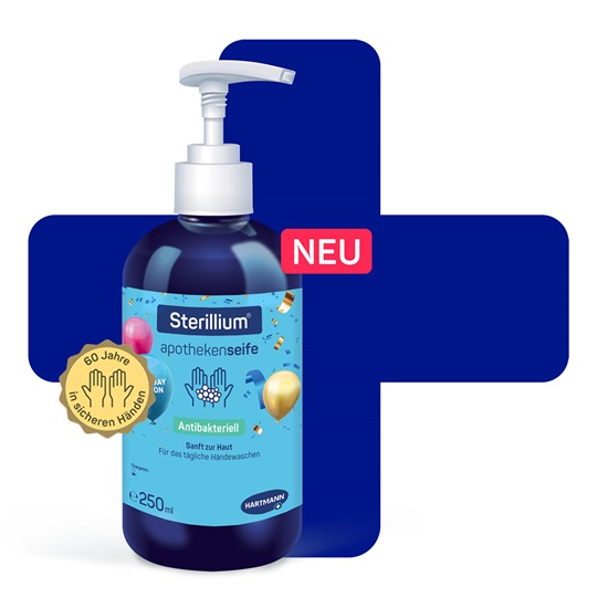 Packshot der Sterillium Apothekenseife mit Plus dahinter