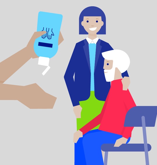 Illustration von Händen die mit Sterillium desinfiziert werden.