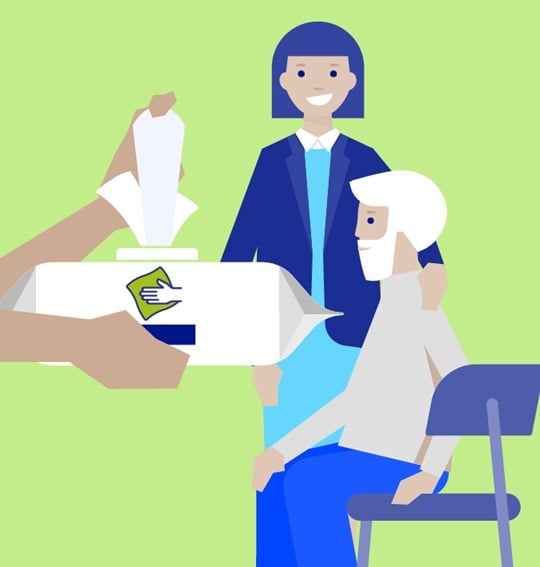 Patient und Pflegekraft im Hintergrund, im Vordergrund Desinfektionstücher - illustriert