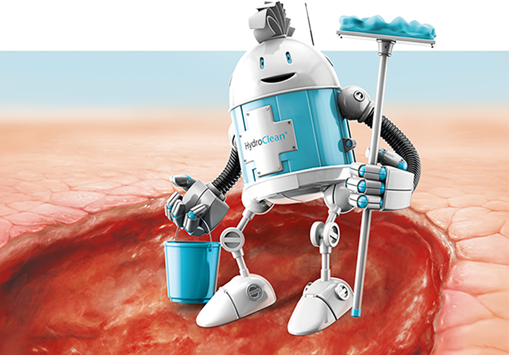 Illustration eines freundlichen, silber-blauen Roboters mit dem Schriftzug 'HydroClean' auf seinem Körper. Der Roboter hält einen Wischmopp und einen Eimer und steht auf einer stark vergrößerten Wunde, die er symbolisch reinigt. Das Bild stellt auf kreative Weise die Reinigung und Pflege von Wunden dar.