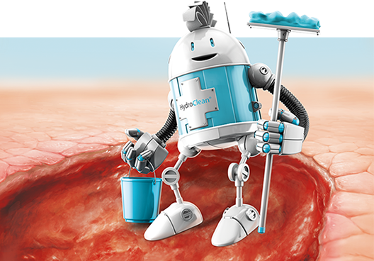 Illustration eines freundlichen, silber-blauen Roboters mit dem Schriftzug 'HydroClean' auf seinem Körper. Der Roboter hält einen Wischmopp und einen Eimer und steht auf einer stark vergrößerten Wunde, die er symbolisch reinigt. Das Bild stellt auf kreative Weise die Reinigung und Pflege von Wunden dar.