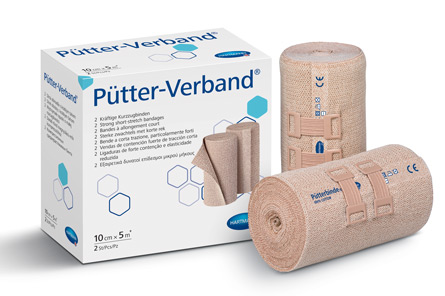 Trvale elastické kratkotažné obinadlo Pütter-Verband s krabičkou v pozadí je jedním z produktů pro kompresní terapii od HARTMANN