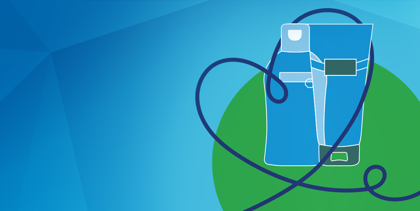 Blue backgrounf with products' icons