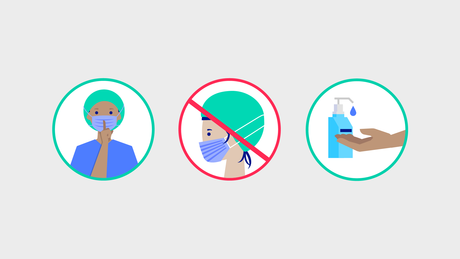 Three round illustrations showing the correct mask usage and hand sanitization