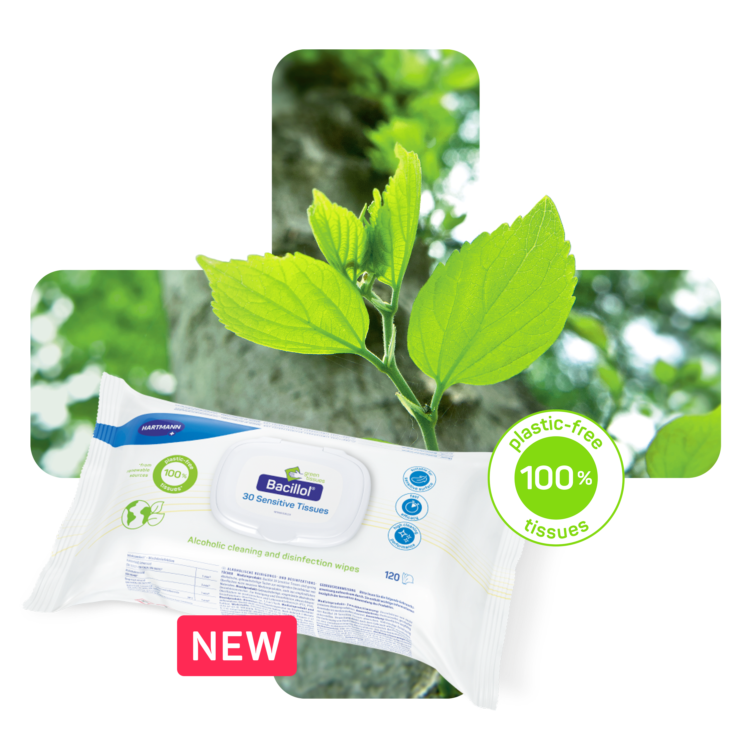 A pack of Bacillol® wipes in front of the HARTMANN Plus filled with an image of a tree.